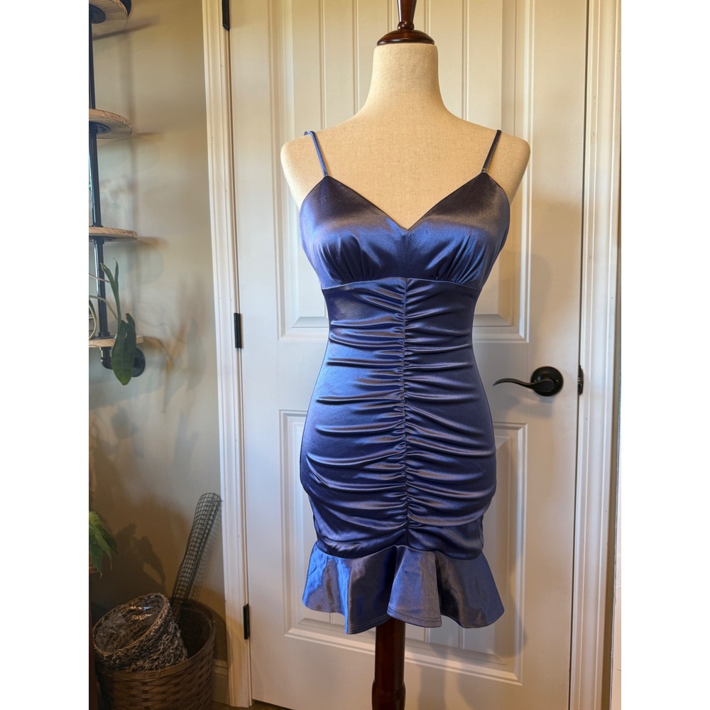 City Vibe Ruched Bodycon Mini Dress Spaghetti Strap Sapphire Blue Size S